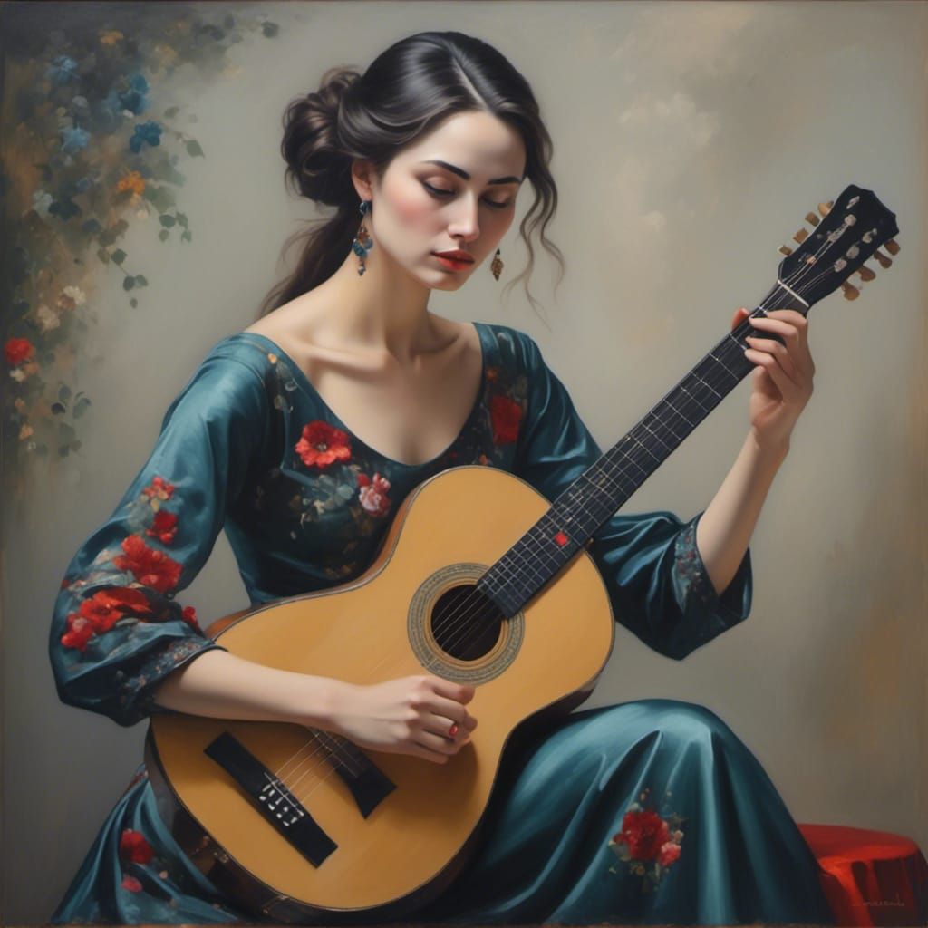 Young Woman Playing Guitar Portrait