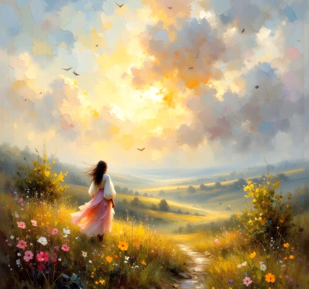 Birds Over Spring Moor at Dawn as Impasto Painting