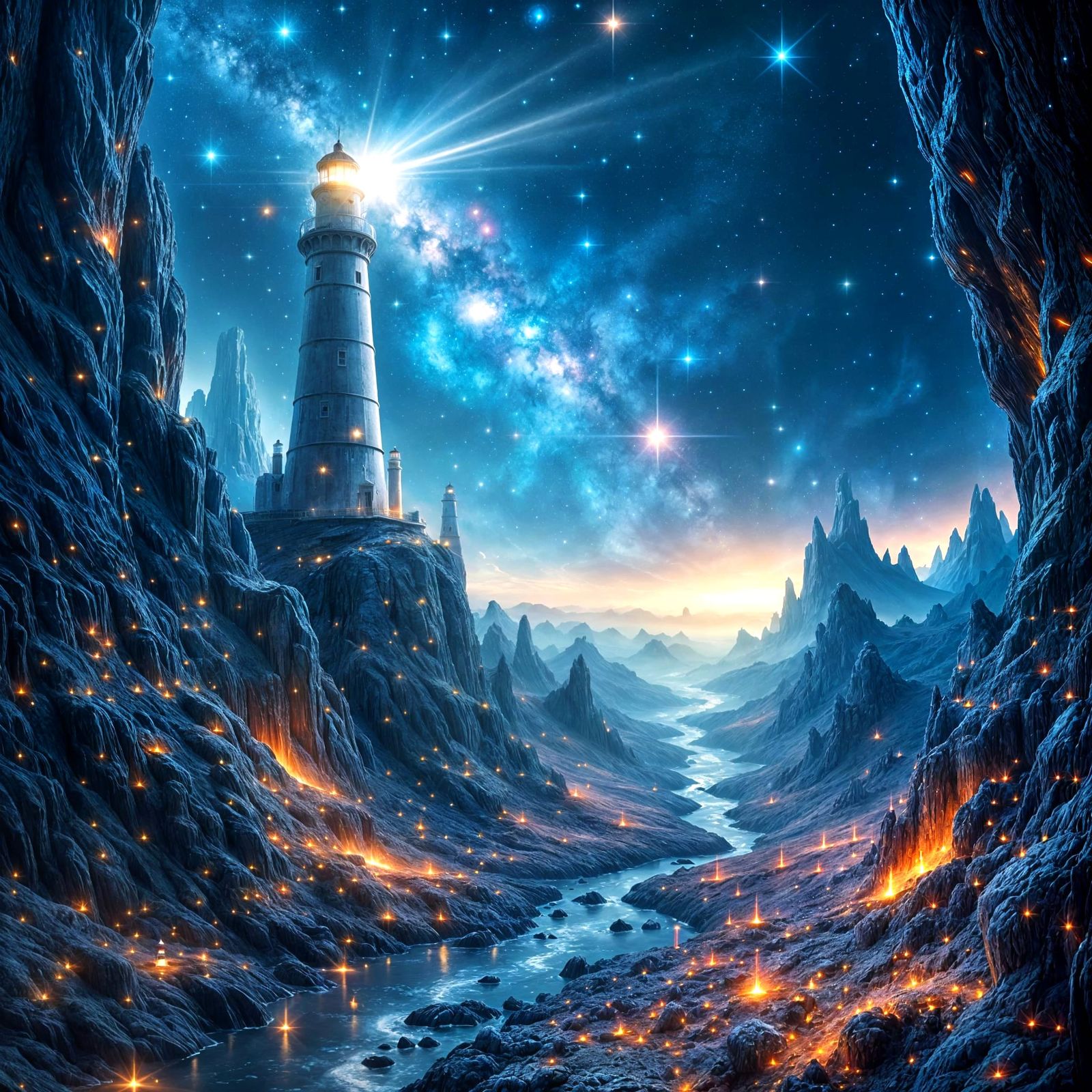 Lighthouse on Alien Planet Amidst Cosmic Nebula