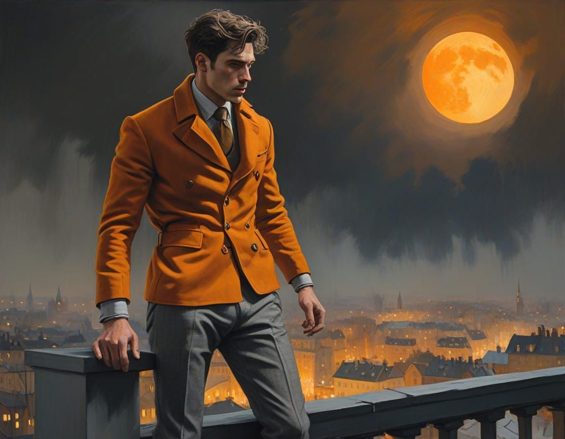 Confident Model Stands on Balcony with City Skyline in the D...