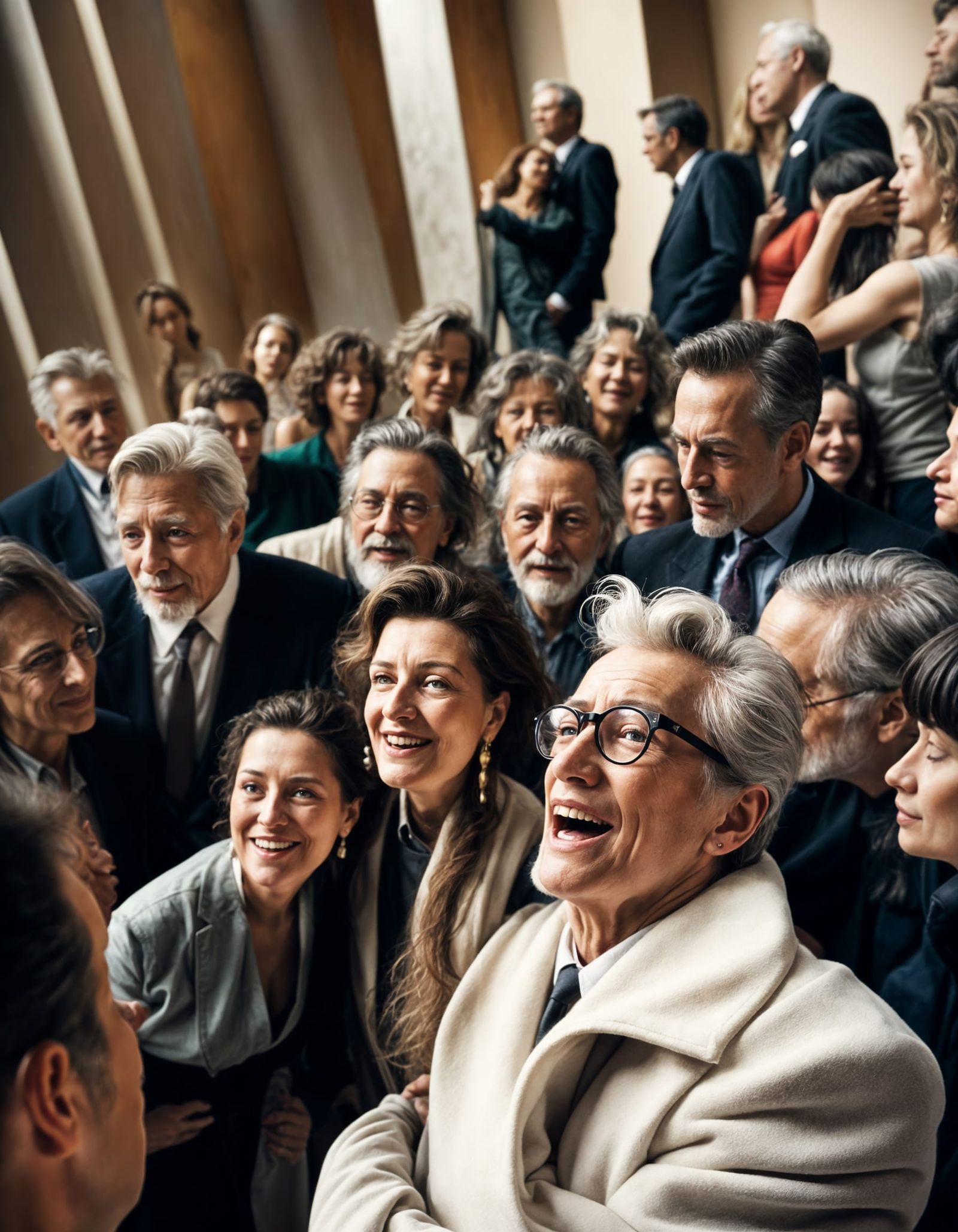 Happy Couples Thrill Art Museum Patrons in a Vibrant Muted M...