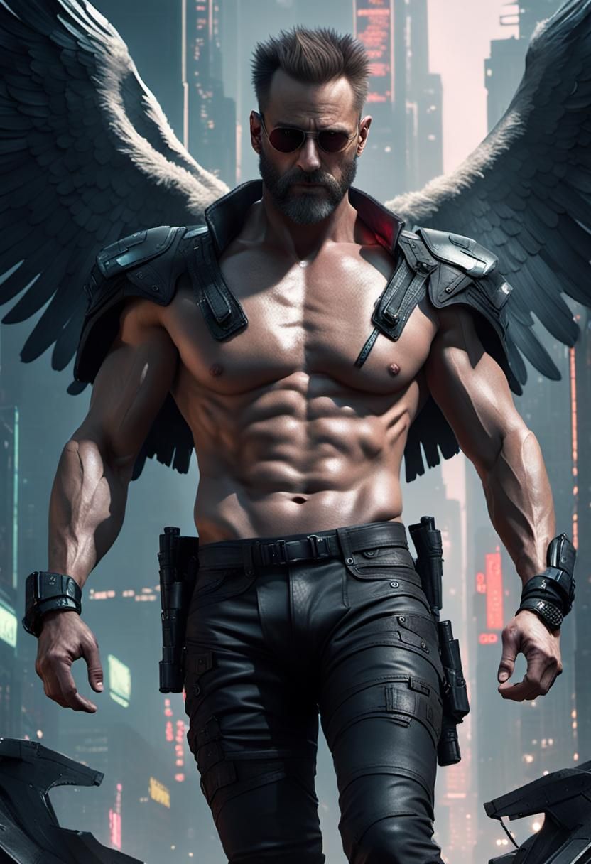Fallen Angel in Cyberpunk Neon Cityscape