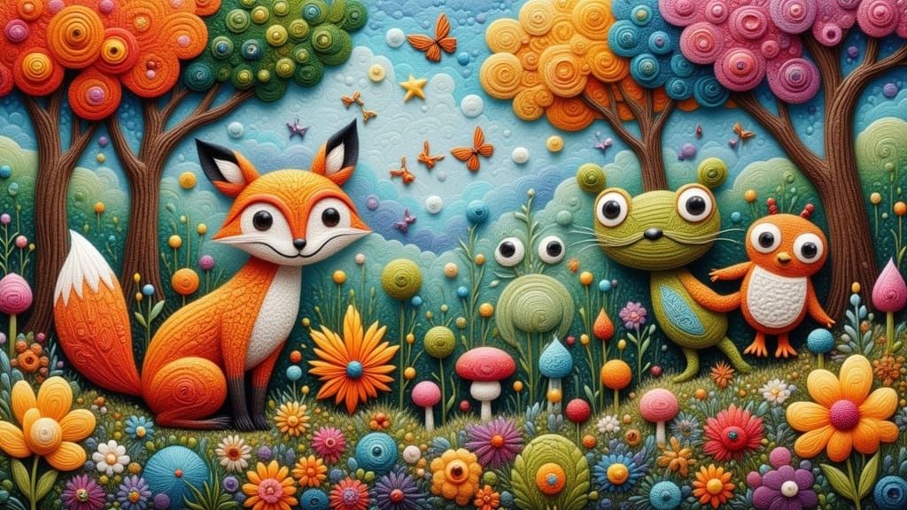 Felted Animal Friends in Psychedelic Forest Meadow