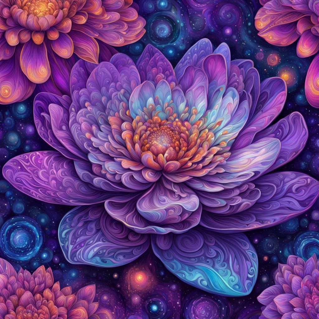Vibrant Cosmic Flower Illustration with Holographic Petals