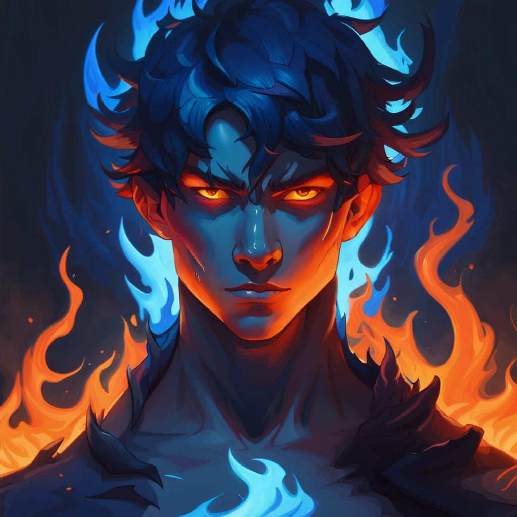 Teenage Boy with Demon Shadow in Blue Flames