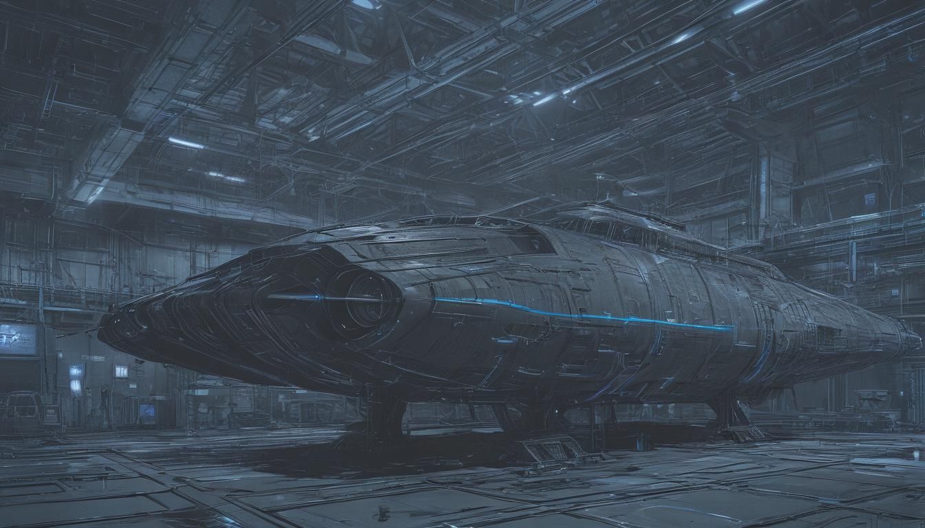 Blueprint Ship Alpha 1 in Dark Hangar: Technical Illustratio...