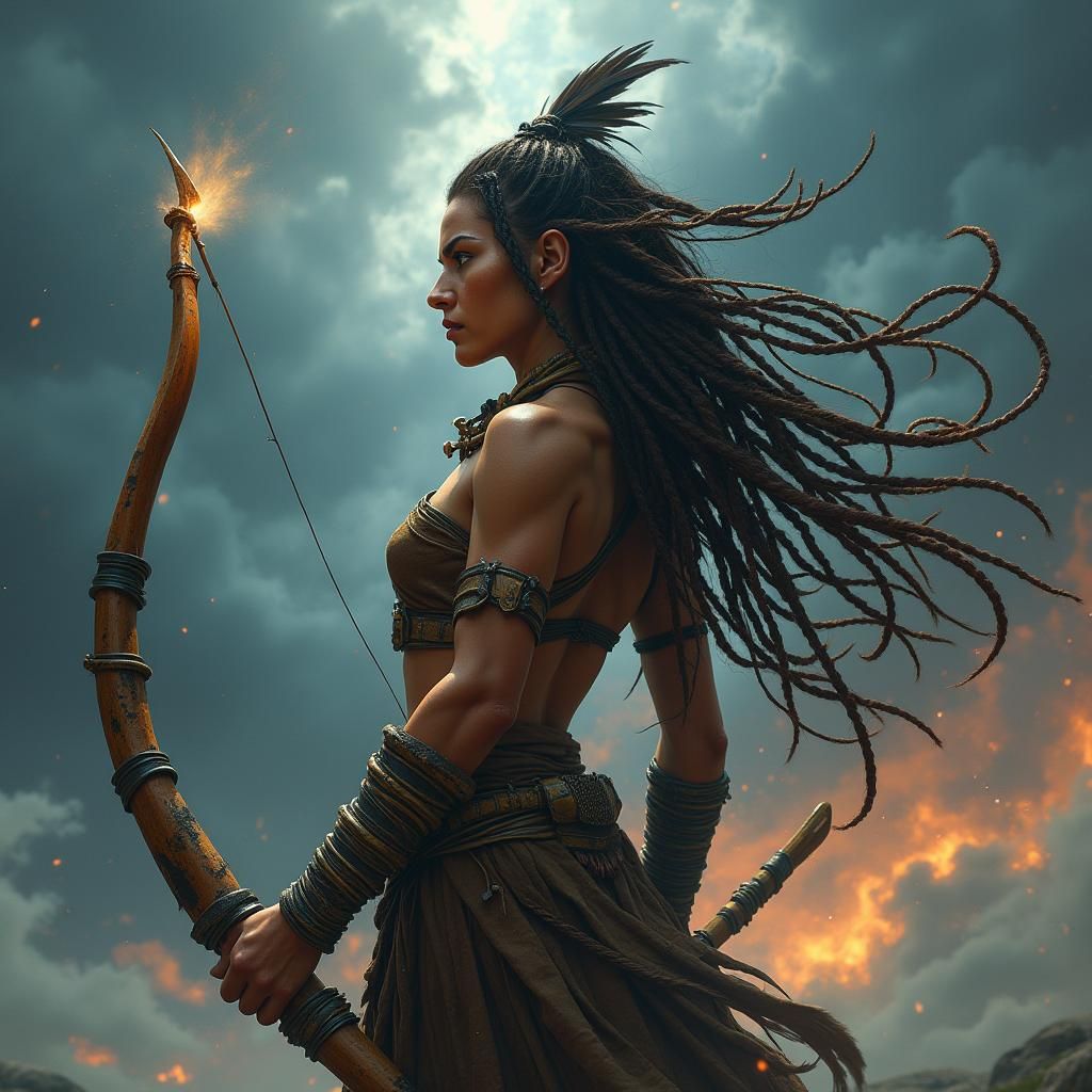 Tribal Woman Warrior Defies Stormy Sky