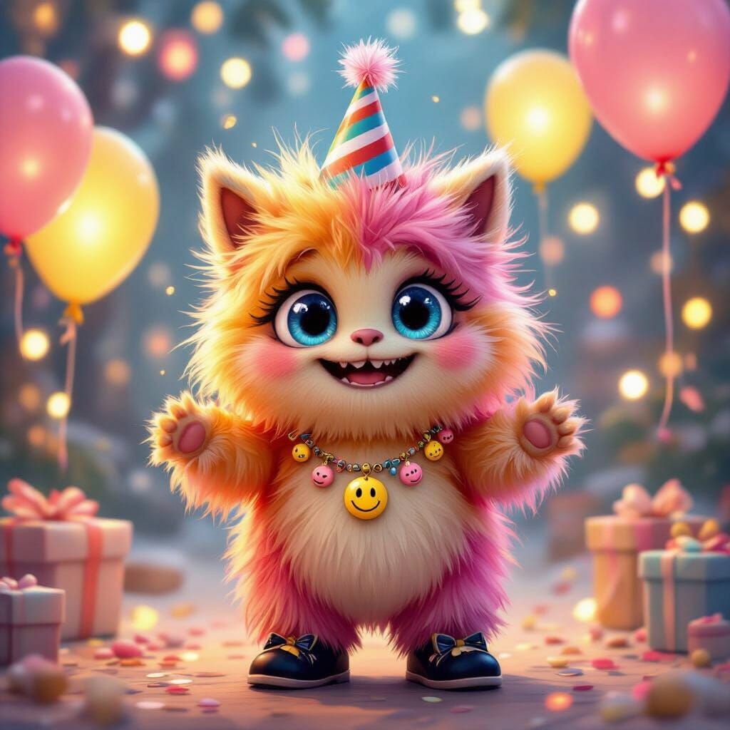 Fluffy Monster at Cheerful Party in Ethereal Fantasy Style