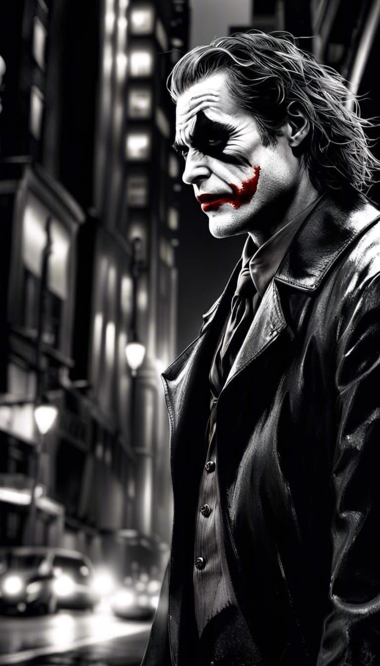 Joker in Gotham: Black and White Photorealistic Still