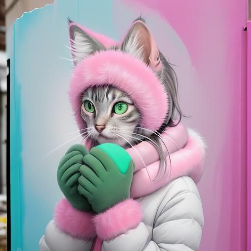 Gray Tabby Kitten in Earmuffs: Graffiti Art
