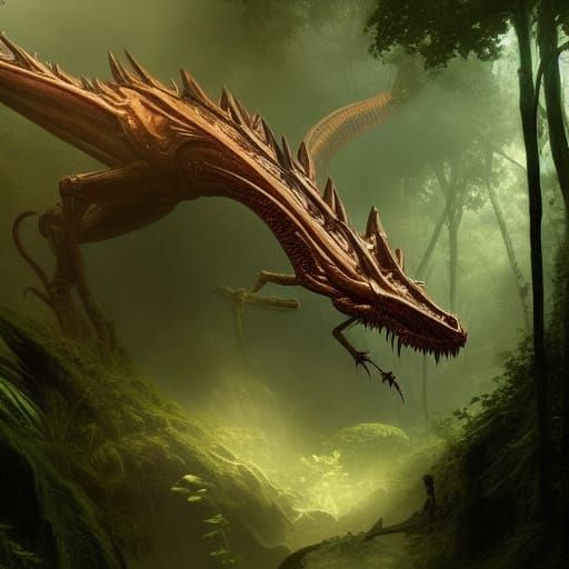 Insectoid Dragon in Jungle, Dark Fantasy Art