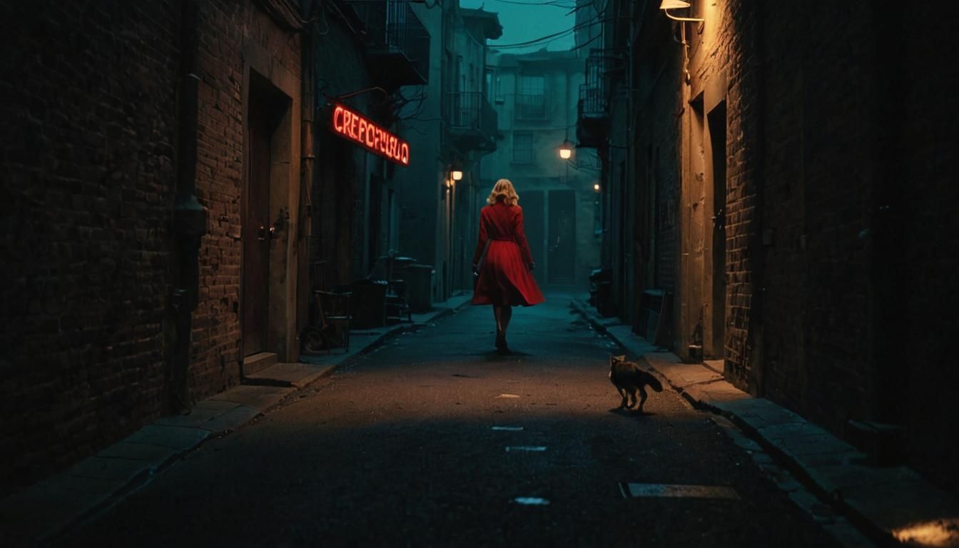 Dark Noir: Woman Walks Towards 'Crepuscolo' Sign