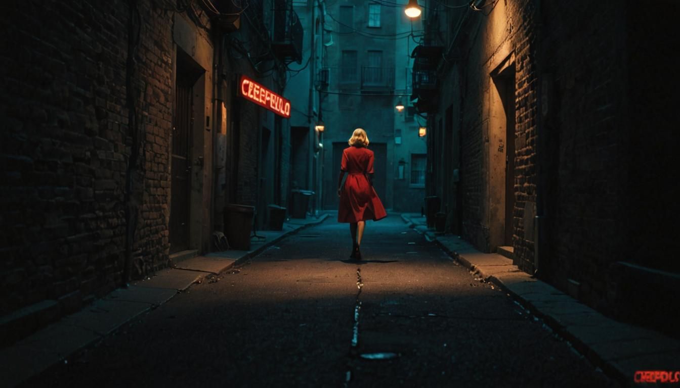 Ominous Alley: Woman Unaware in Dark Fantasy
