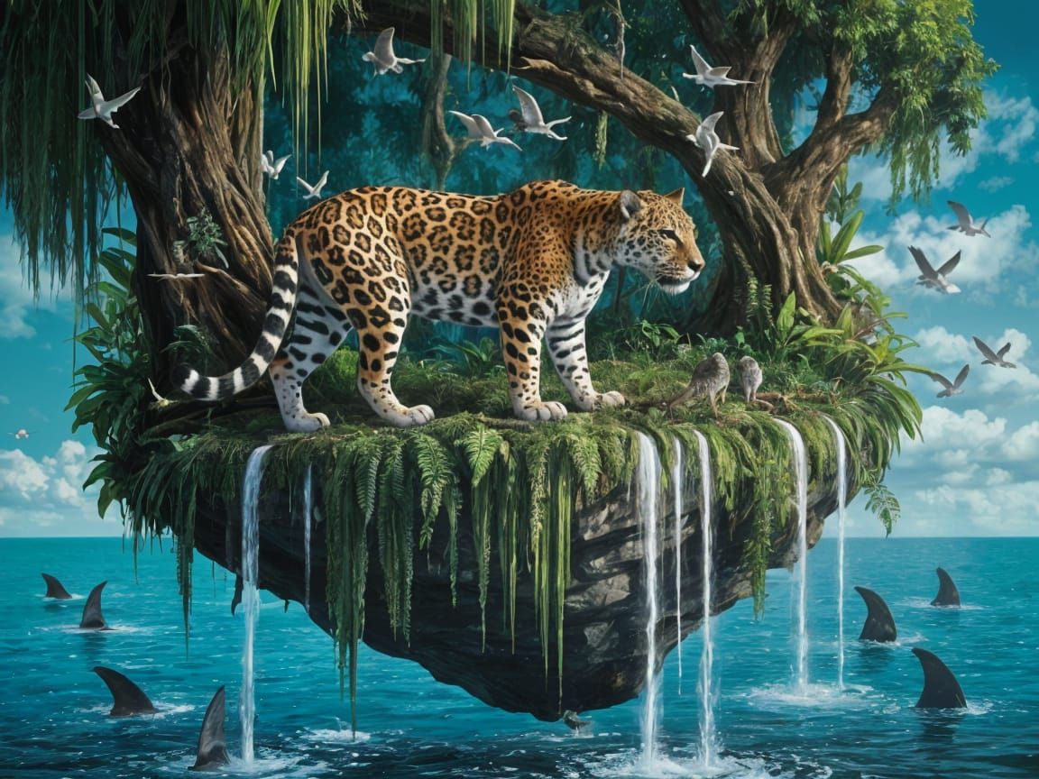 Jaguar in Lush Rainforest on Floating Island