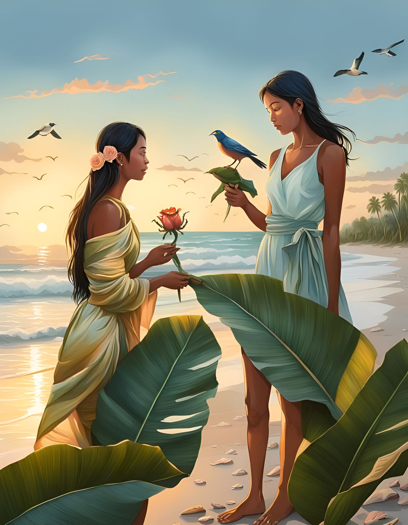 Boy Gives Rose to Girl on Beach at Sunset