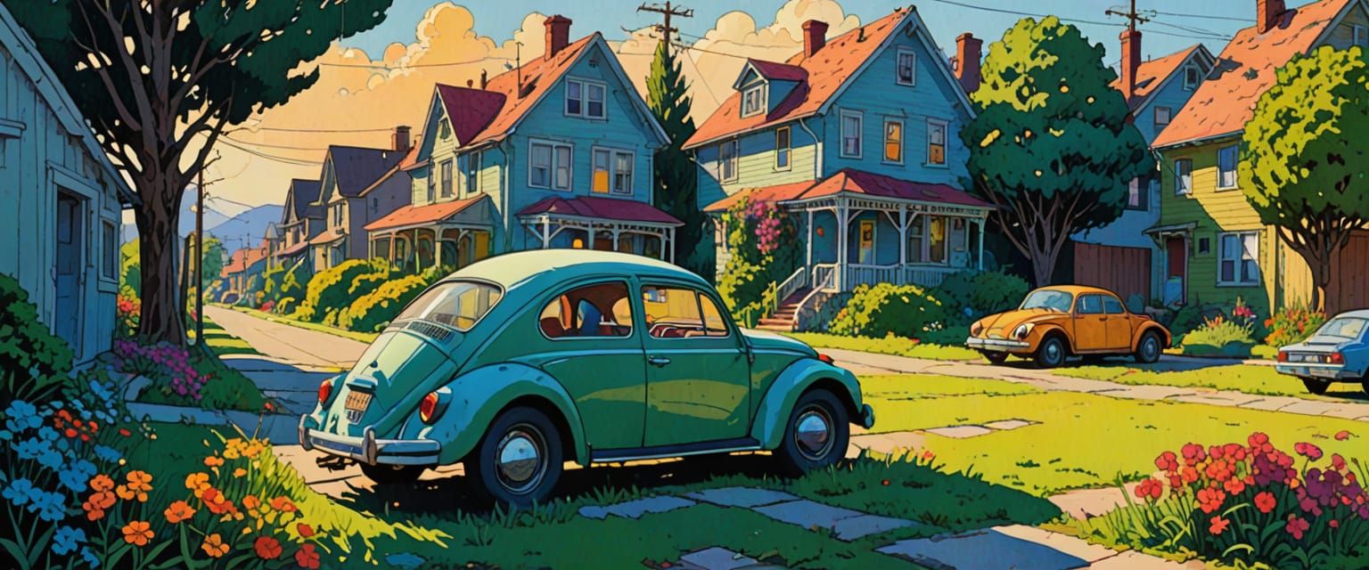 Abandoned Neighborhood with Classic Beetle in Comic Book Sty...