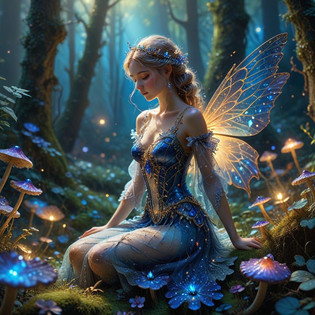 Tiny Sapphire Fairy on Mushroom in Misty Forest