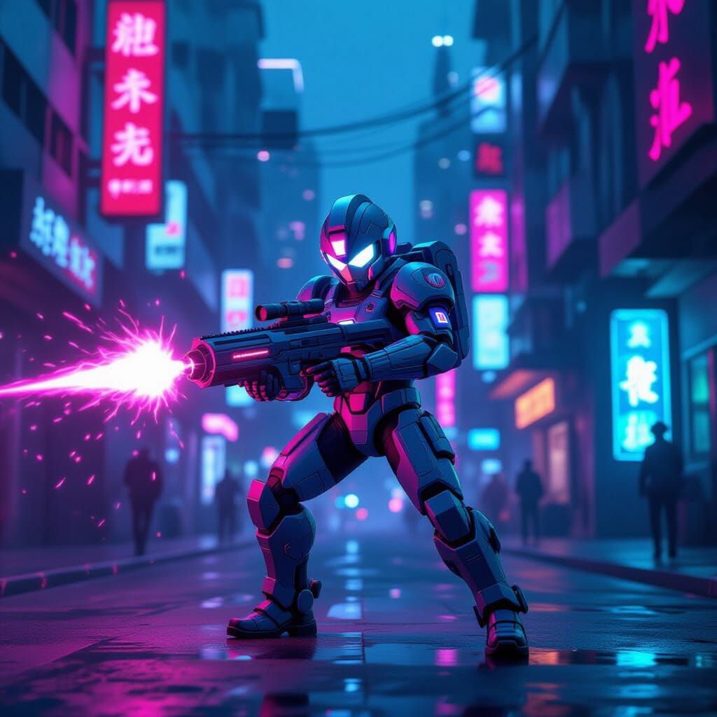 Cyberpunk Megaman Character with Plasma Rifle in Neon City