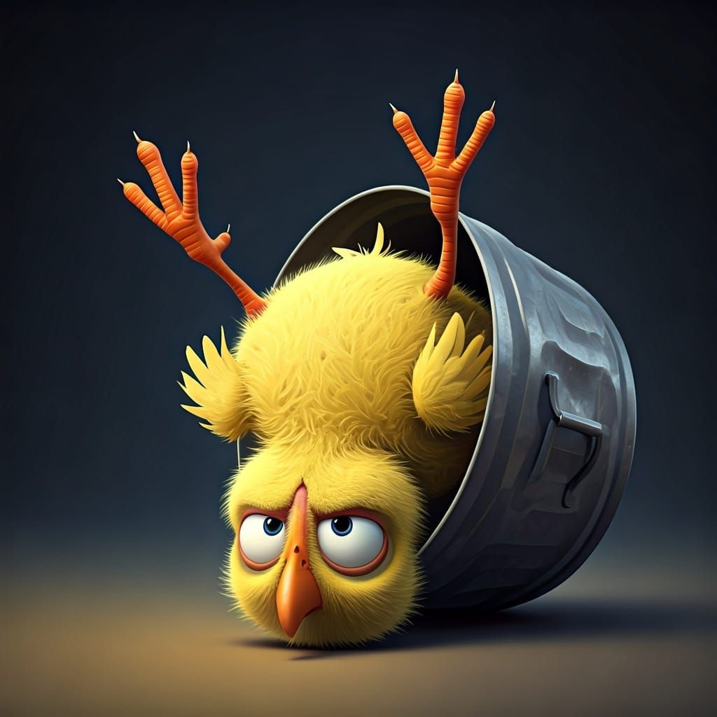 Grumpy Chick Stuck in Trash Can: Soft 3D Render
