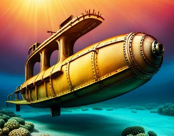 Rusty Submarine Beside Coral Reef as 3D Digital Art