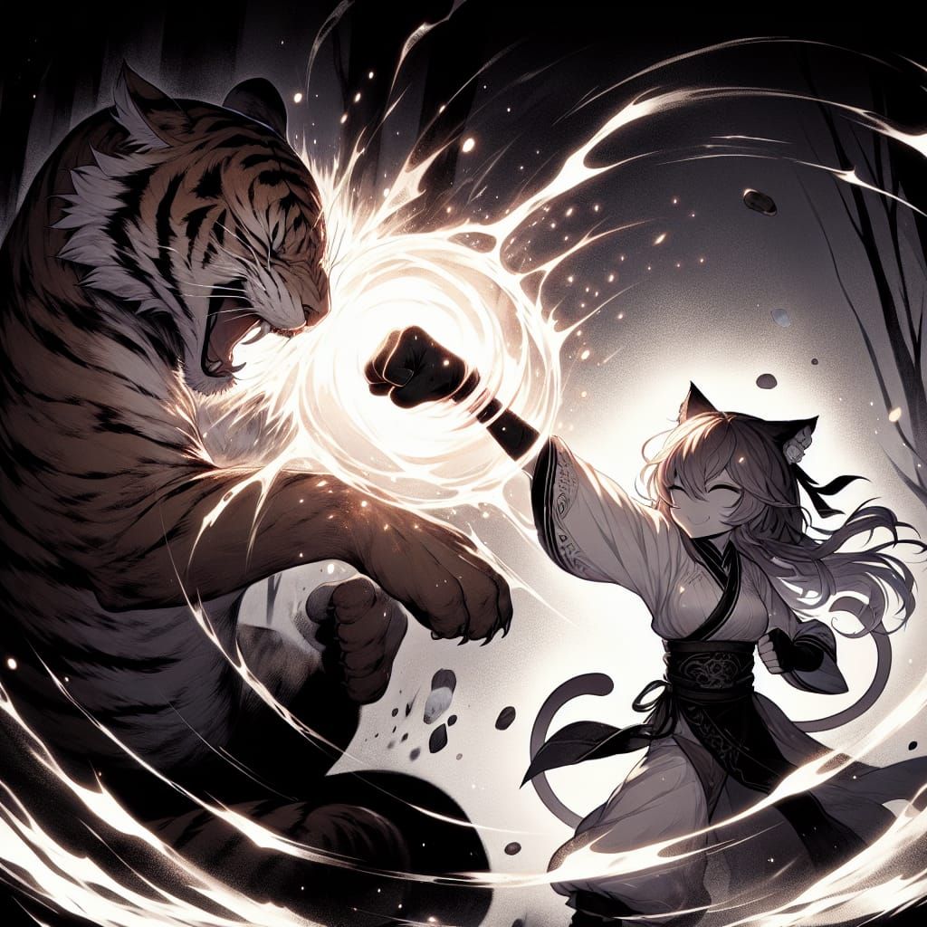 Anime Catgirl's Mystical Punch in Dark Fantasy