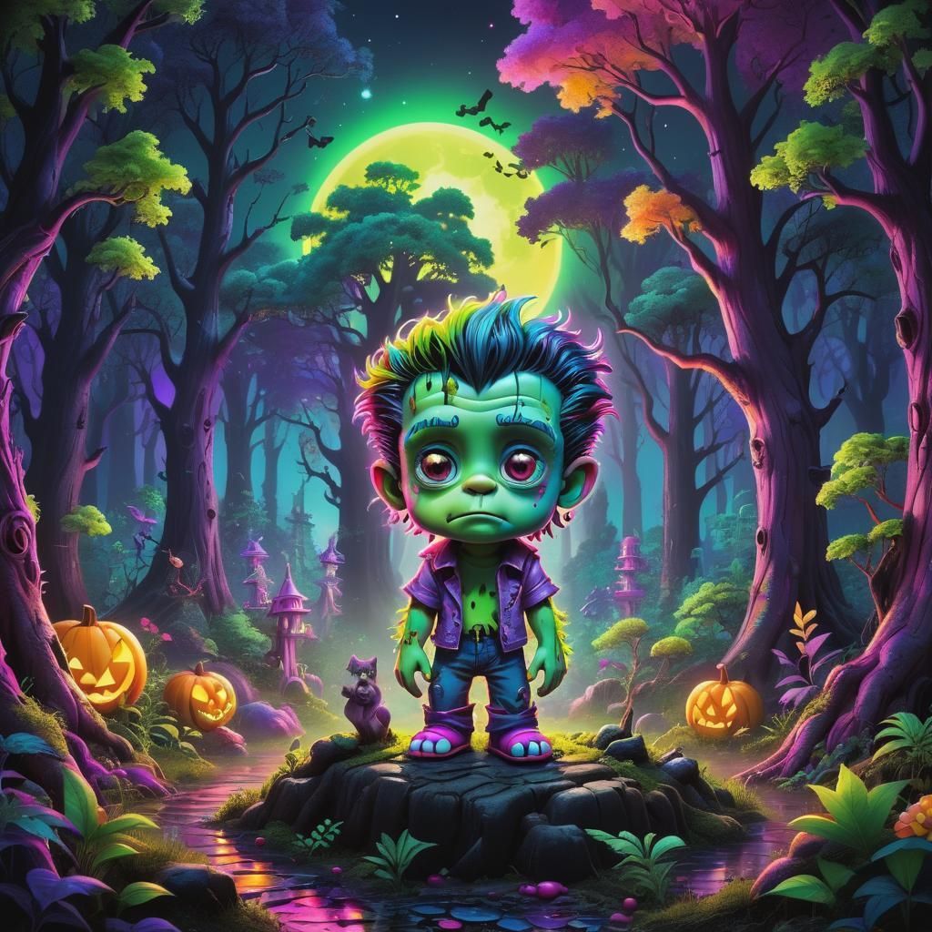 Chibi Frankenstein in Neon Enchanted Forest