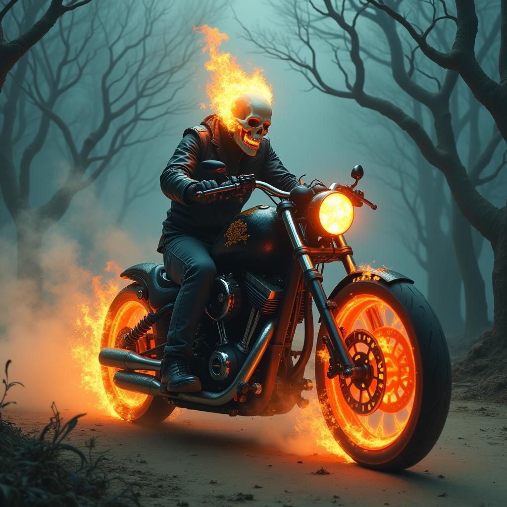 Ghost Rider on Hellfire Motorcycle in Mystic Realm