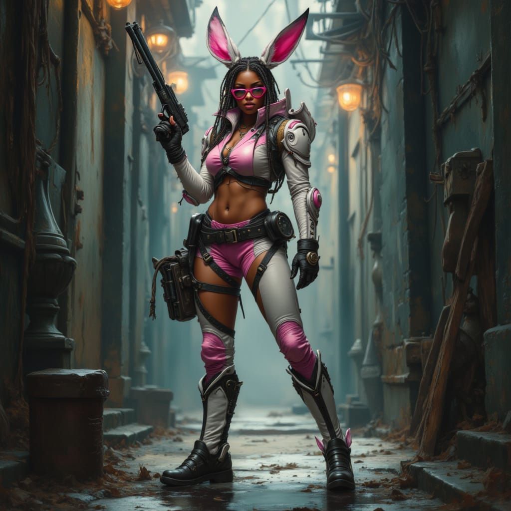 Cyberpunk Fox-Rabbit Bounty Hunter in Hyperrealistic Style