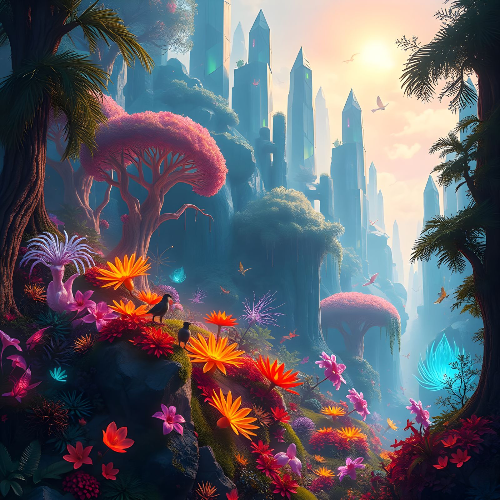 Vibrant Ecosystem in Lush, Iridescent Forest
