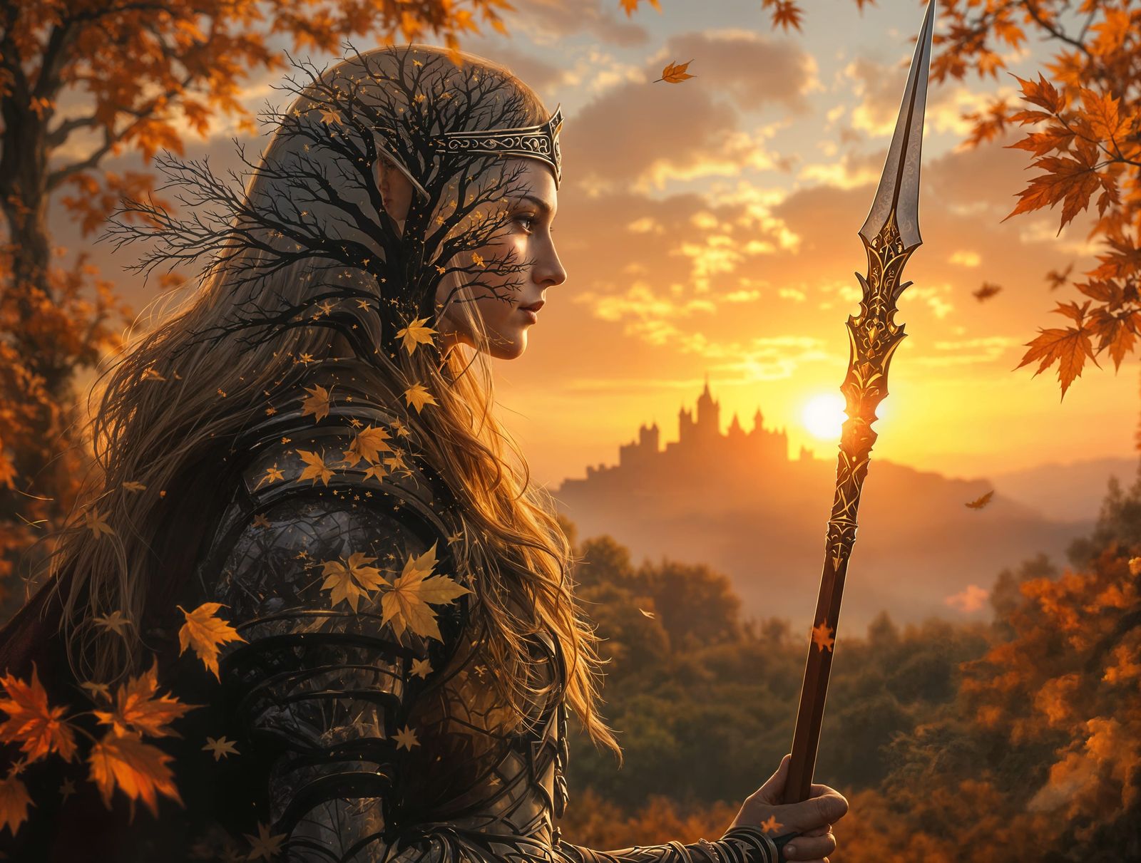Elven Warrior Contemplates Sunset Castle in Epic Fantasy Dig...
