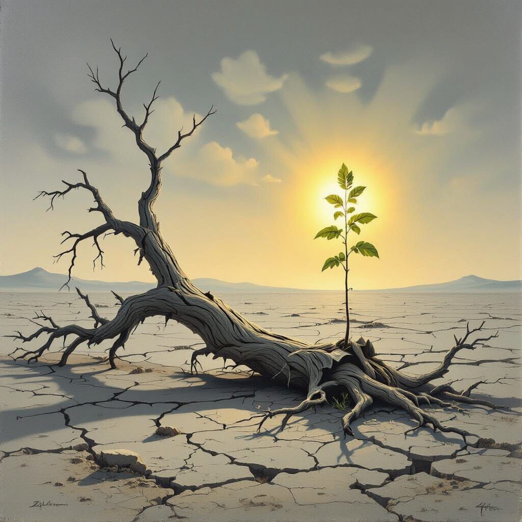 Desolate Landscape with Sapling in Surreal Style