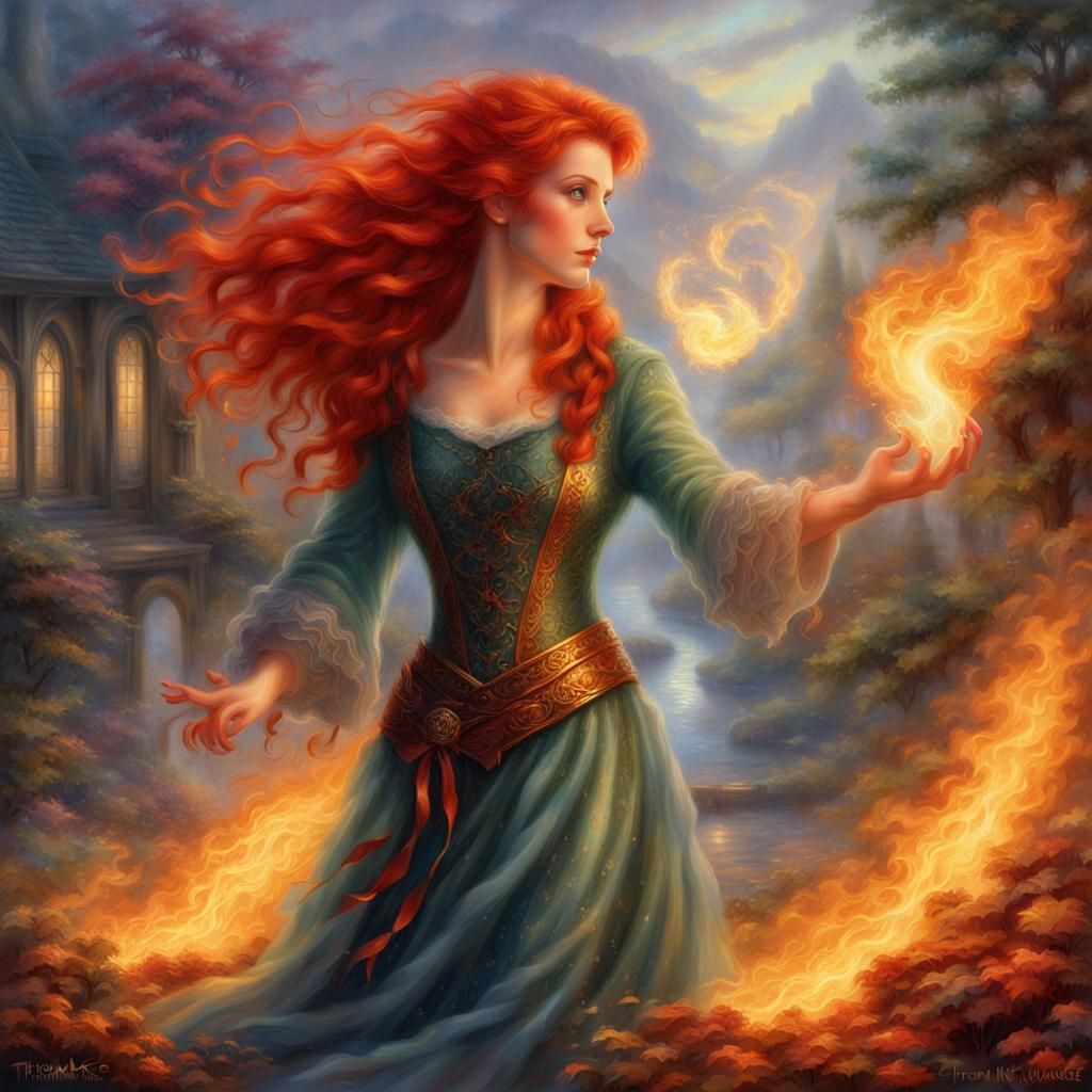 Ethereal Woman with Red Hair and Fire