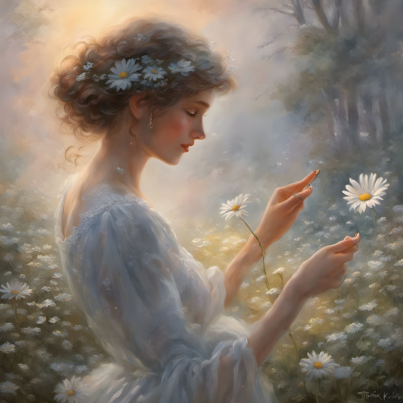 Ethereal Woman Shoots Daisies: Fantasy Art