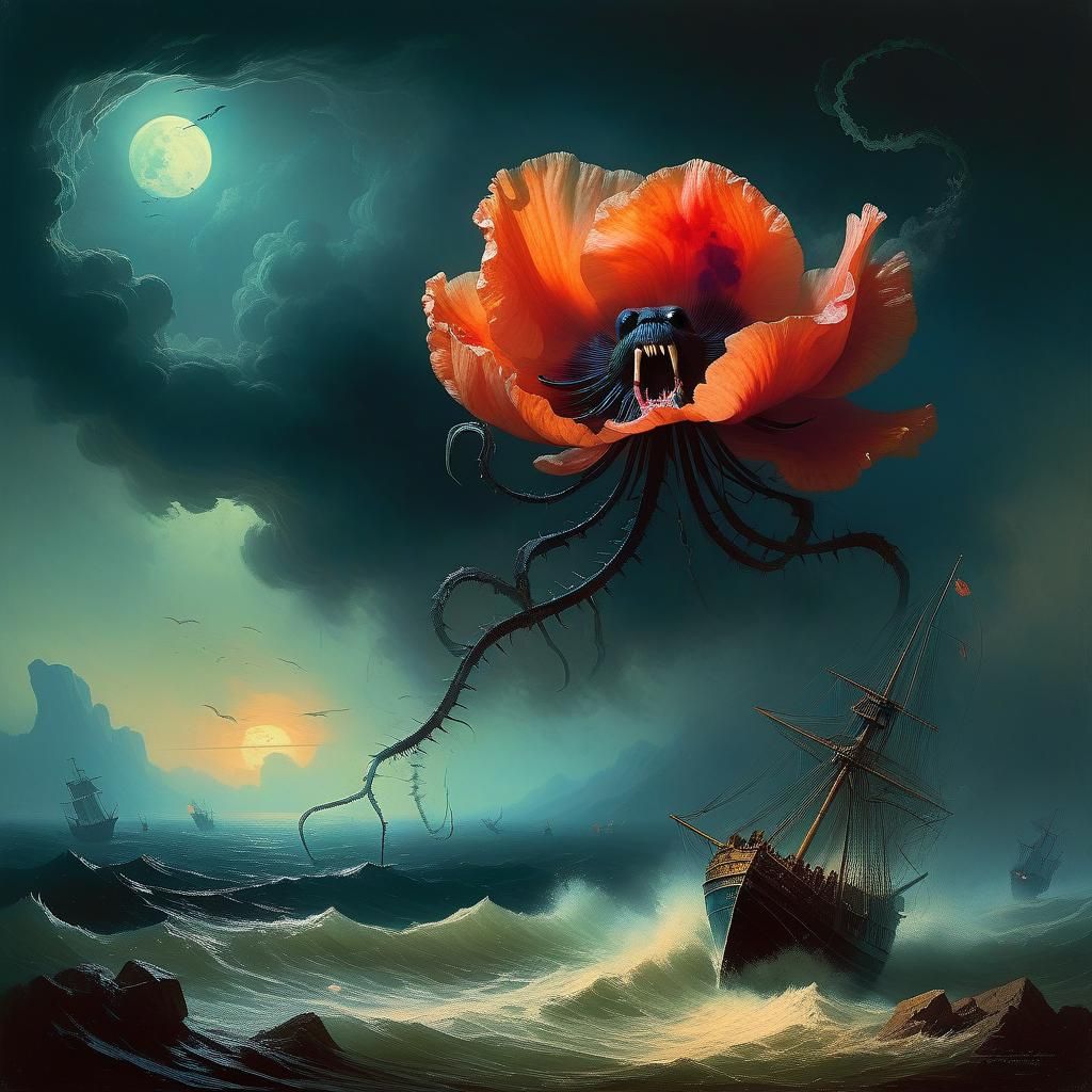 Aggressive Carnivorous Poppy in Dark Fantasy Style