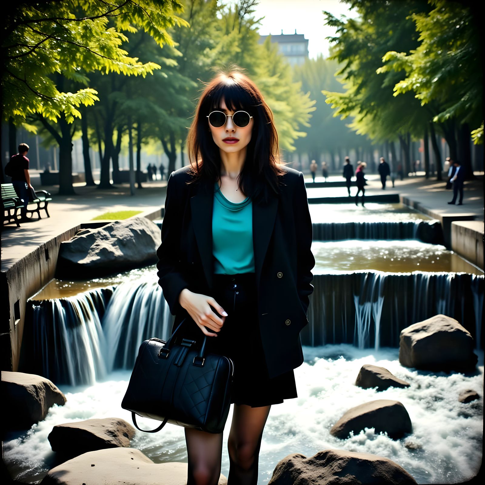 Relaxed Woman Standing by a Waterfall in a Park