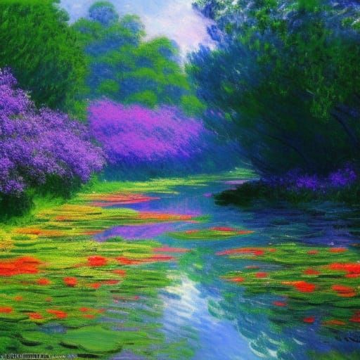Glowing Floral River: Monet-Inspired Oil Painting