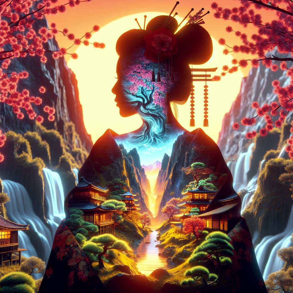 Zen Geisha Silhouette with Snowy Night Ambiance