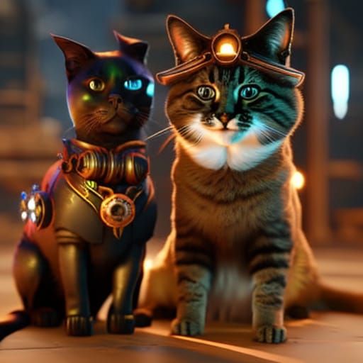 Steampunk Kitten and Dog in Detailed Art