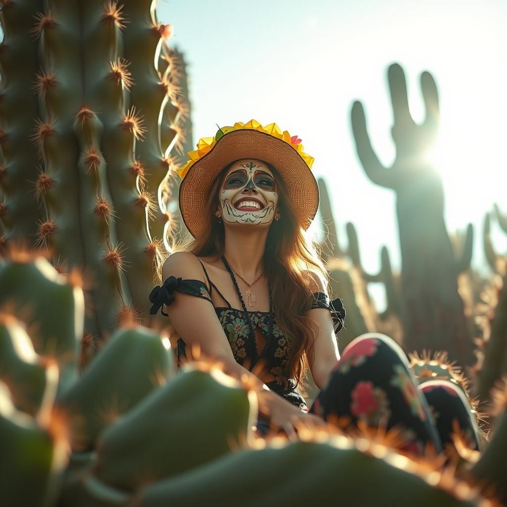 Day of the Dead Woman Laughing in Cactus