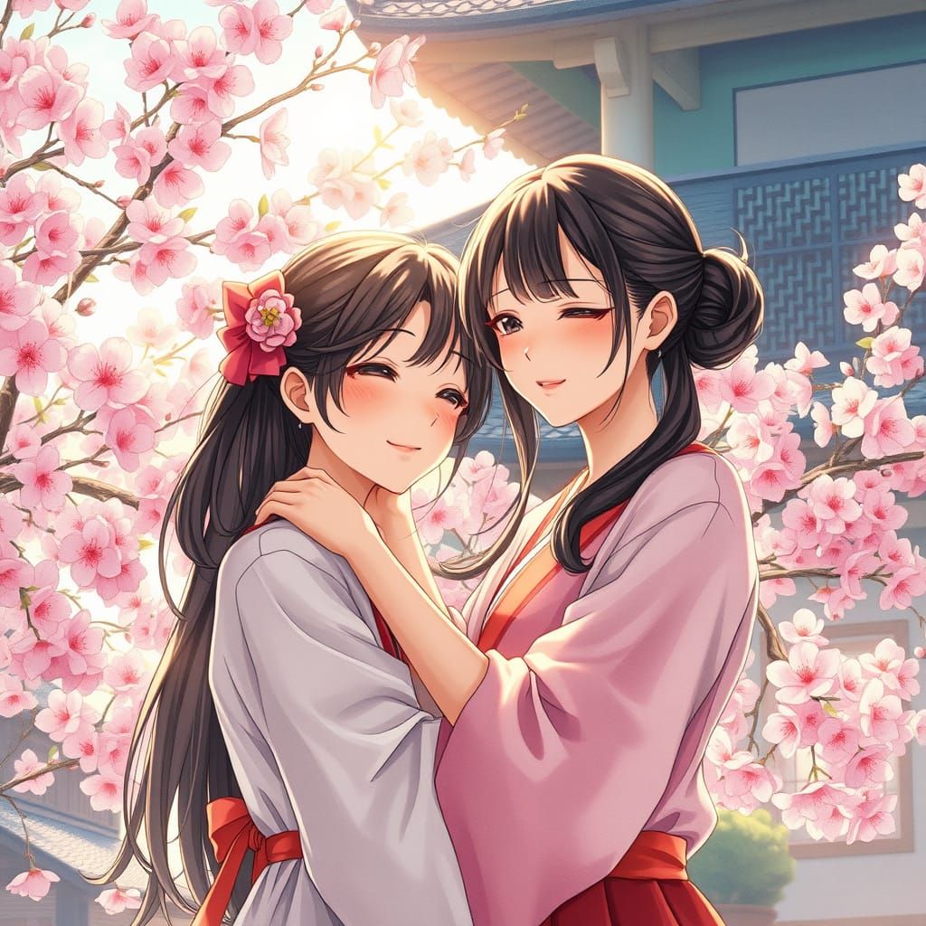 Serenity in Bloom: Two Women Embracing in Cherry Blossom Won...