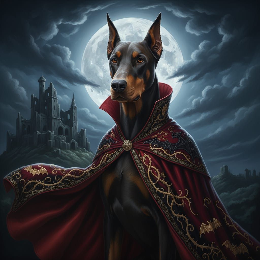 Regal Dog in Vampire Cape Under Full Moon