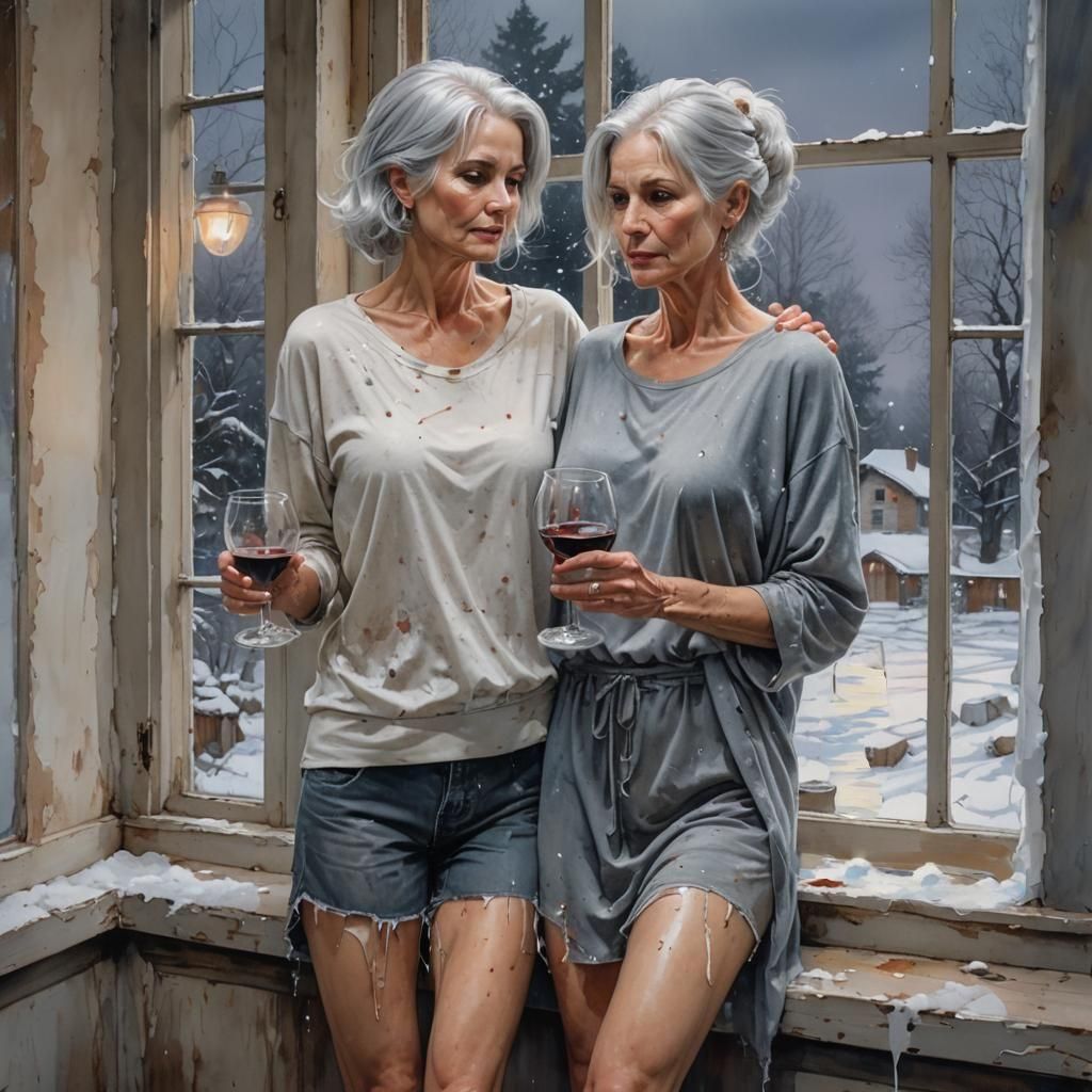 Woman with Wine Gazing at Snowy Evening