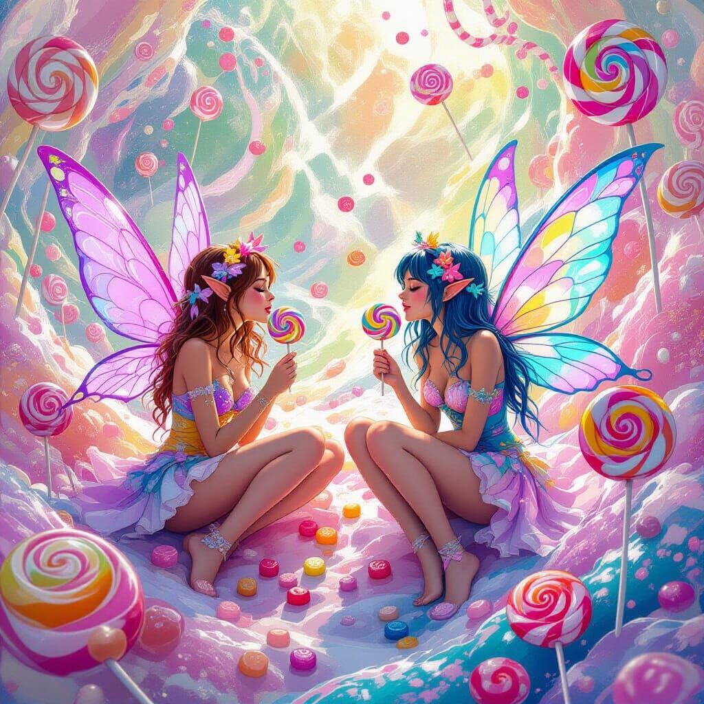 Fairies in Vibrant Candy Worlds with Swirling Patterns