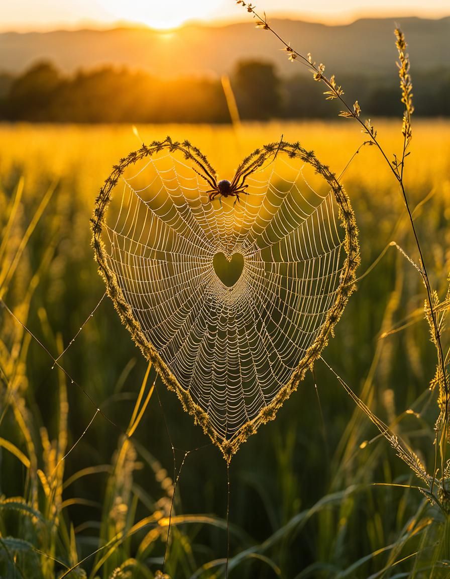 Heart-Shaped Spider Web in Golden Hour Light