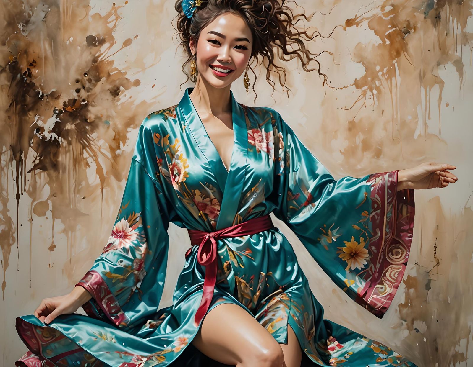 Kazakh Woman in Silk Robe with Lilies: Pop Art