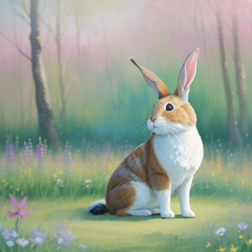 Impressionist Watercolor Rabbit in a Lush Meadow