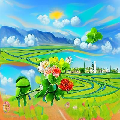 Calm Green Flatland with Colorful Flowers