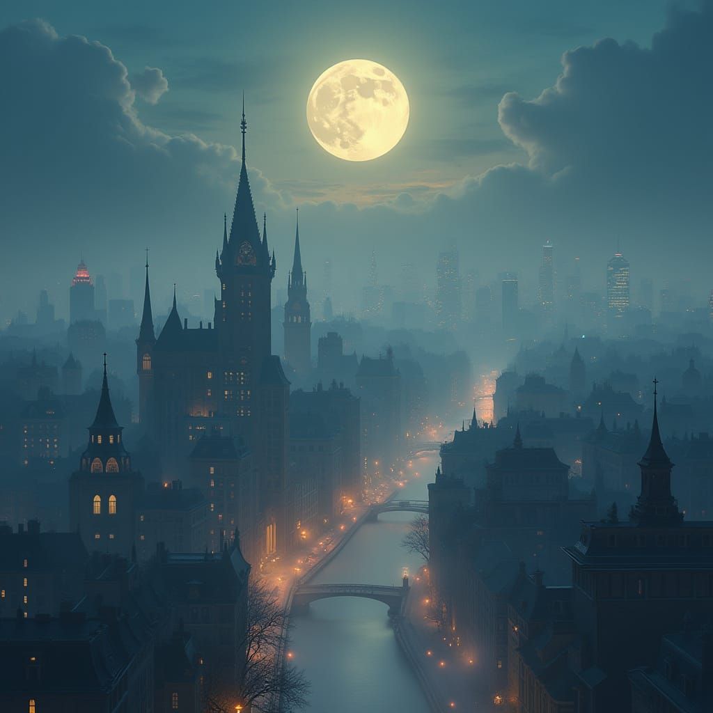 Moonlit Metropolis: Ethereal Cityscape in Luminist Style