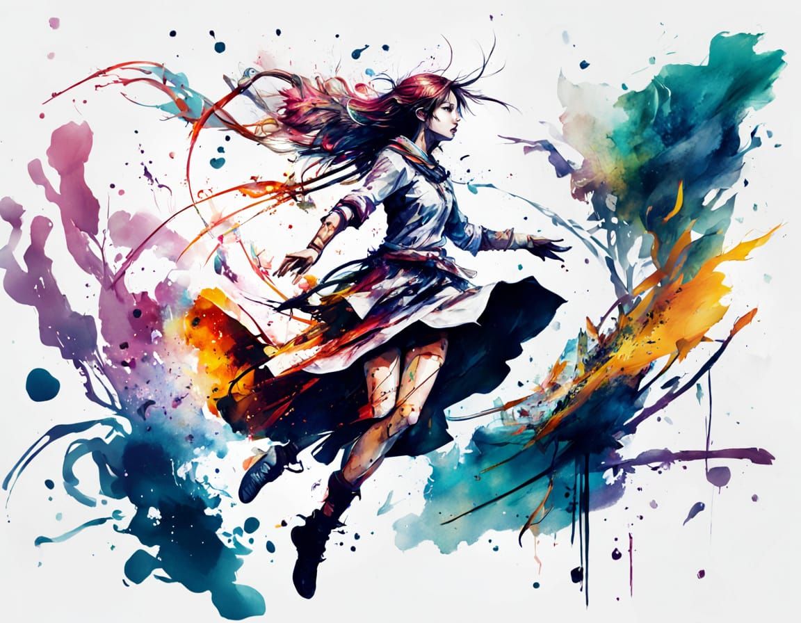 Anime Magical Girls Battle with Elemental Powers in Watercol...