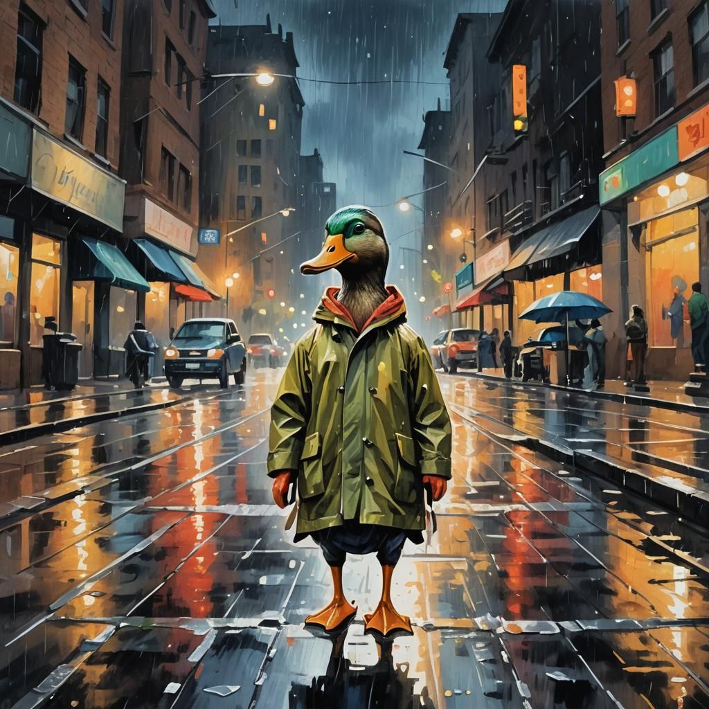 Duck in Raincoat: Gouache Impressionist Cityscape